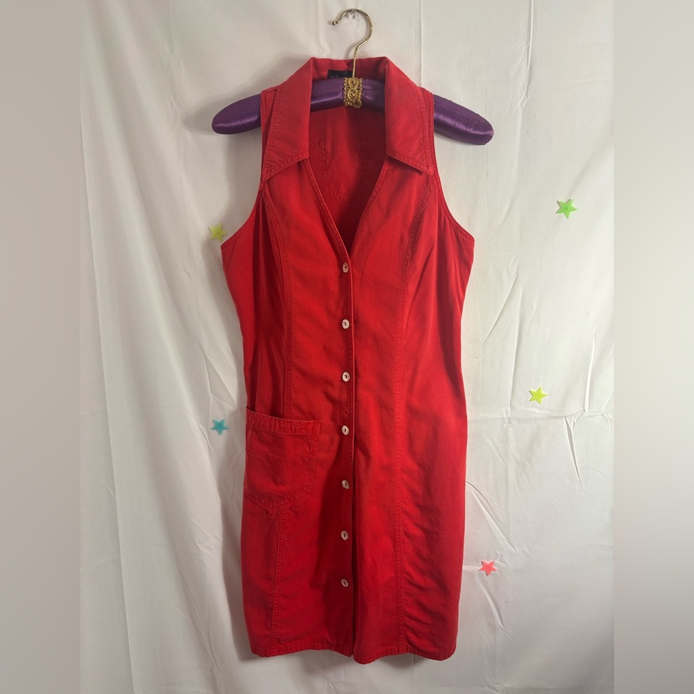Red‎ Cotton Tencel Blend Sleeveless Collared Button Up Western Midi Dress Size S